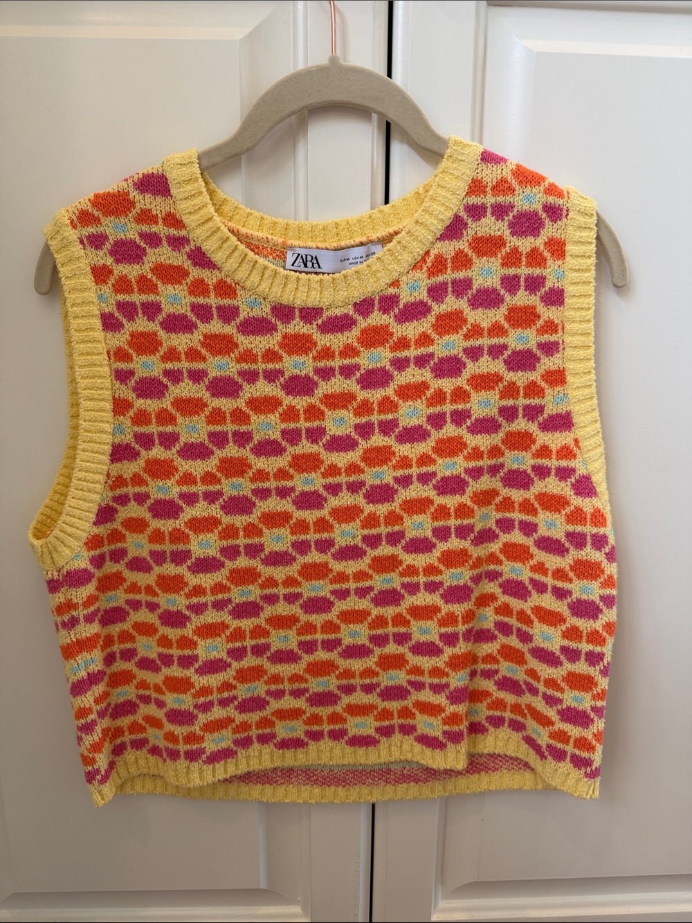 Zara Yellow Knit Geometric Sweater with Pink and Orange Accents